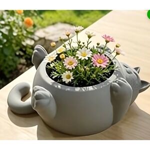 Cat Shaped Planter Pot Grey Small Whimsical Animal New